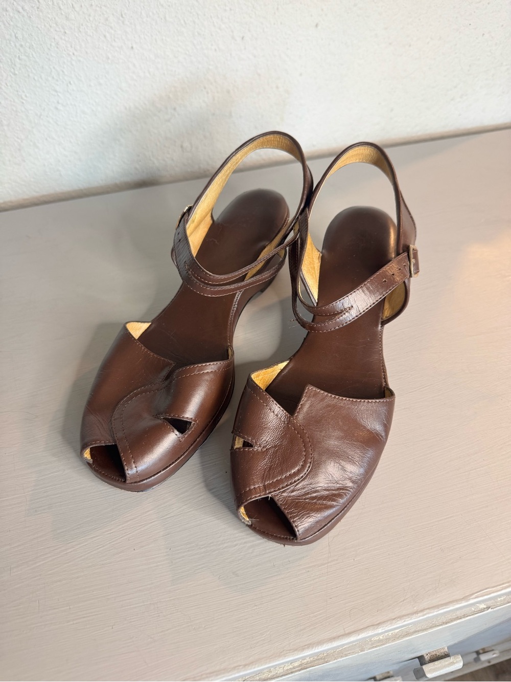 Vintage Re-Mix Women's Brown Leather Peep-Toe Slingback Wedge